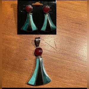 Turquoise and Coral Silver 925
Jewelry Set- earring and matching pendant